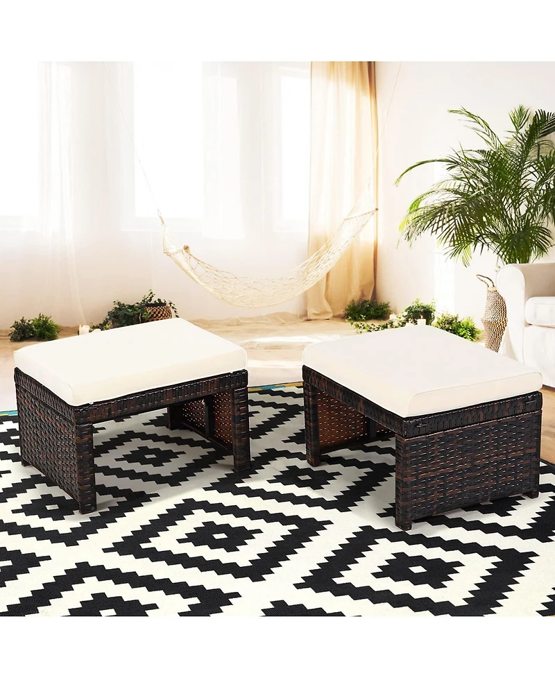 2 Pieces Patio Rattan Ottomans with Soft Cushion for Patio and Garden