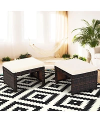 2 Pieces Patio Rattan Ottomans with Soft Cushion for Patio and Garden