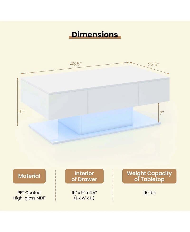 Led Coffee Table with 2 Drawers 20-Color Dimmable Led Lights & Remote Control