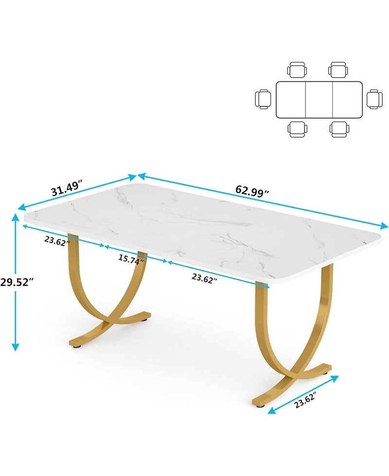 Tribesigns Rectangular Dining Table for 4 to 6, 63-Inch White and Gold Modern Kitchen Table with Faux Marble Table Top and Metal Legs for Dining Room,
