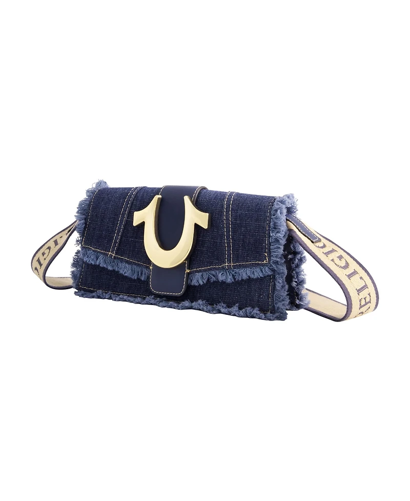 True Religion Frayed Denim Flap Bag with Logo Strap