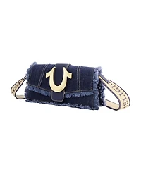 True Religion Frayed Denim Flap Bag with Logo Strap