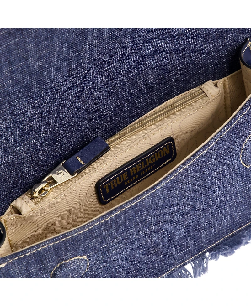 True Religion Frayed Denim Flap Bag with Logo Strap