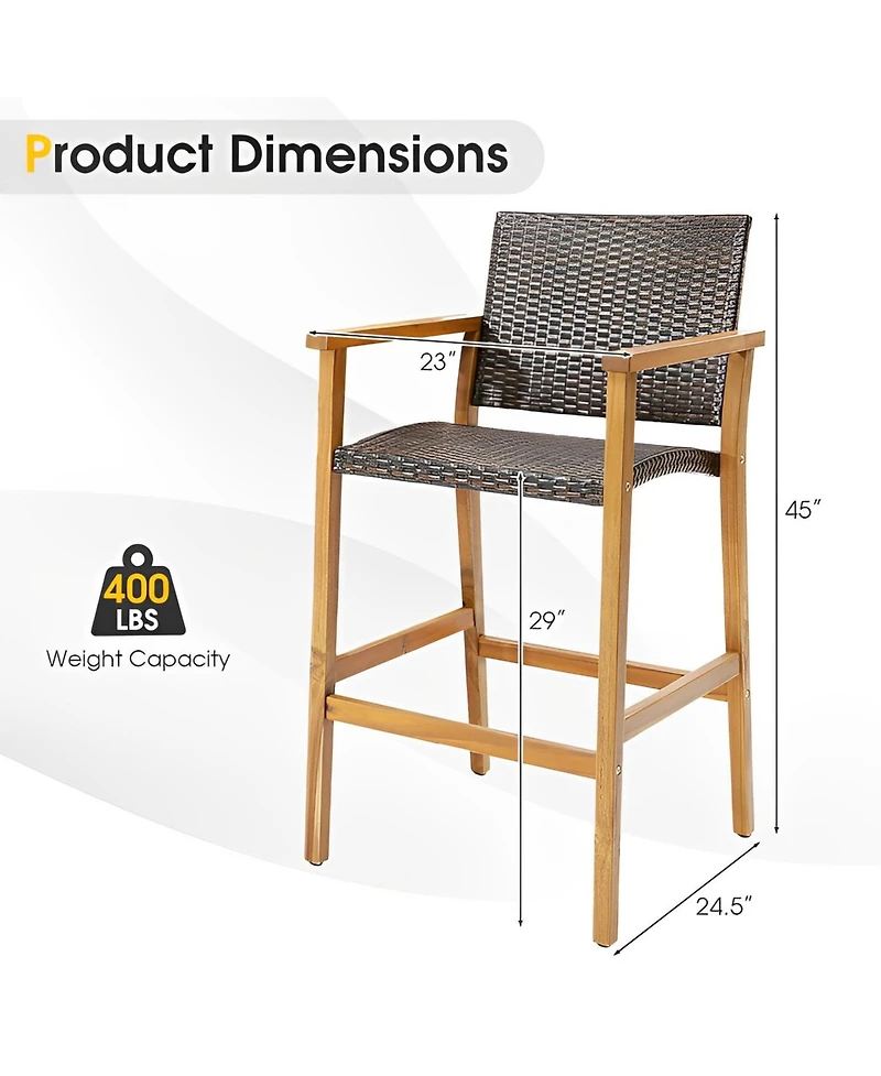Sugift Set of 2 Pe Wicker Patio Bar Chairs with Acacia Wood Armrests