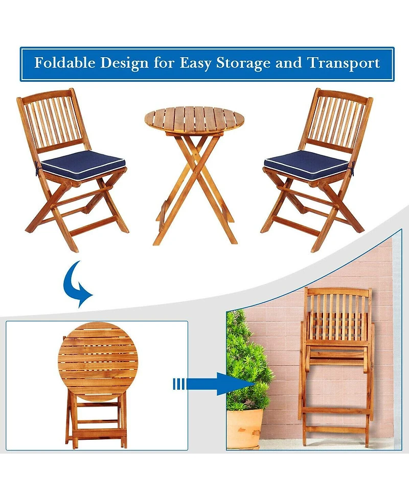 Sugift 3 Pieces Patio Folding Bistro Set with Padded Cushion and Round Coffee Table