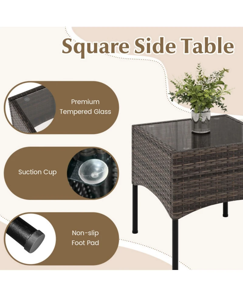 Sugift 3 Pieces Patio Wicker Conversation Set with Cushions and Tempered Glass Coffee Table