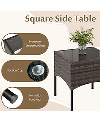 Sugift 3 Pieces Patio Wicker Conversation Set with Cushions and Tempered Glass Coffee Table