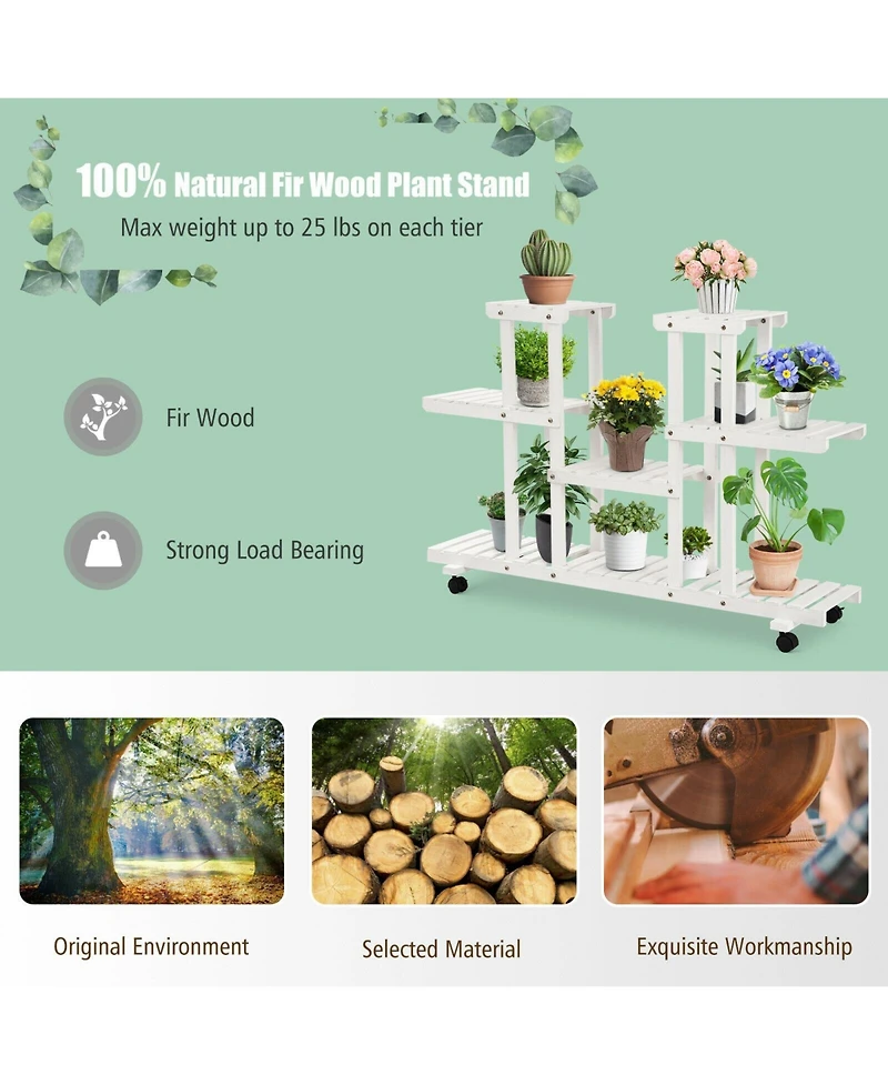Sugift 4-Tier Wood Casters Rolling Shelf Plant Stand