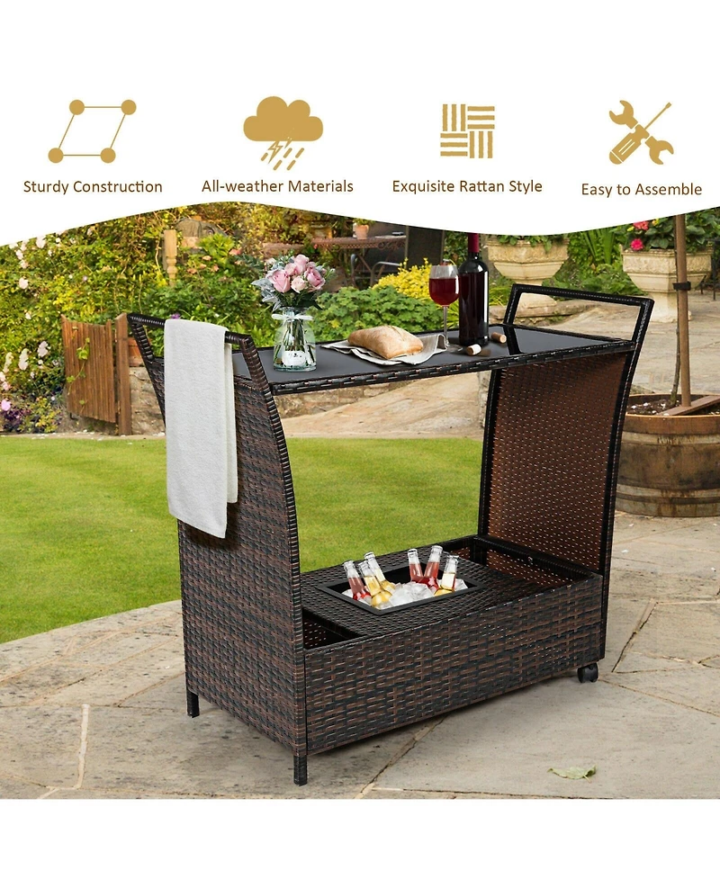Sugift Patio Rattan Bar Serving Cart with Glass Top and Handle