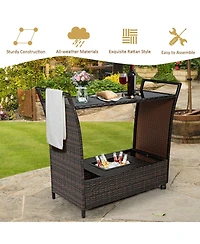 Sugift Patio Rattan Bar Serving Cart with Glass Top and Handle