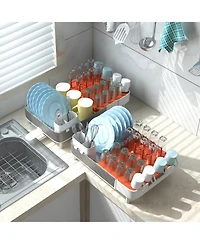 Sugift Expandable Dish Drying Rack Adjustable Dual-Part Dish Drainer with Detachable Utensil Holder