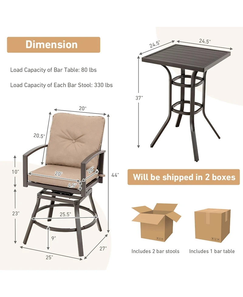 Sugift 3 Pieces Patio Swivel Bar Table Set with Removable Cushions and Rustproof Metal Frame