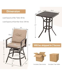 Sugift 3 Pieces Patio Swivel Bar Table Set with Removable Cushions and Rustproof Metal Frame