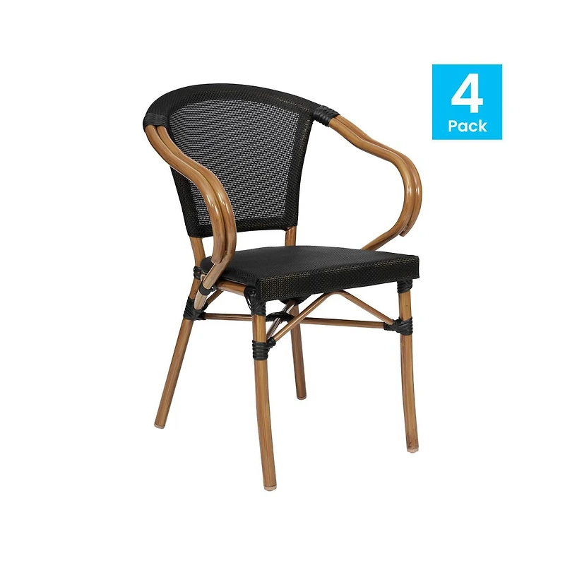 Merrick Lane Mael Set Of Four Stacking Thonet Bistro Style Chair With Arms, Textilene Seat, And Bamboo Finished Metal Frame For Indoor/Outdoor Use