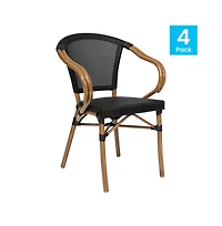 Merrick Lane Mael Set Of Four Stacking Thonet Bistro Style Chair With Arms, Textilene Seat, And Bamboo Finished Metal Frame For Indoor/Outdoor Use
