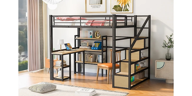 Full Size Metal Loft Bed With Staircase, Built-In Desk And Shelves