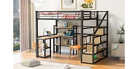 Full Size Metal Loft Bed With Staircase, Built-In Desk And Shelves