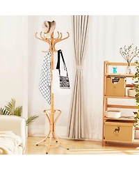 Wood Standing Hat Coat Rack with Umbrella Stand