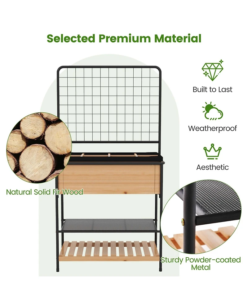 59" Raised Wooden Garden Bed with Metal Trellis Open Storage Shelves Drain Holes