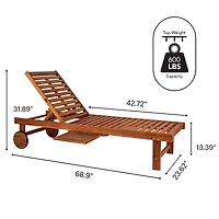 Jonathan Y Seabrook 69 x 24 Inch Outdoor Acacia Wood Lounger with Cushion, 5-Position Back, Slide Table & Wheels, Dark Brown