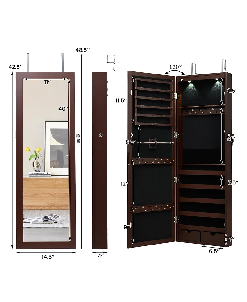 Sugift Lockable Wall Mount Mirrored Jewelry Cabinet with Led Lights