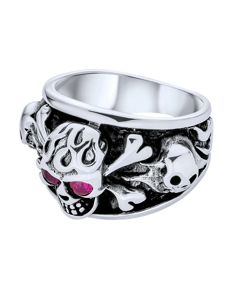 Bling Jewelry Biker Gothic Caribbean Pirate Crossbones Multi Skull Heads Band Ring with Red Cz Eyes Oxidized Sterling Silver