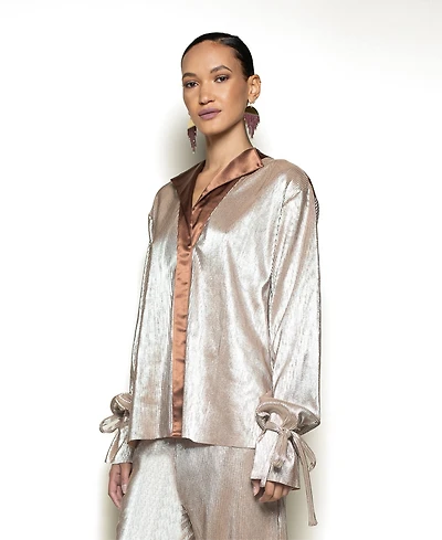 Terese Sydonna Women's Long Tie Sleeve Rose Gold Shimmer Pleated Tuxedo Top
