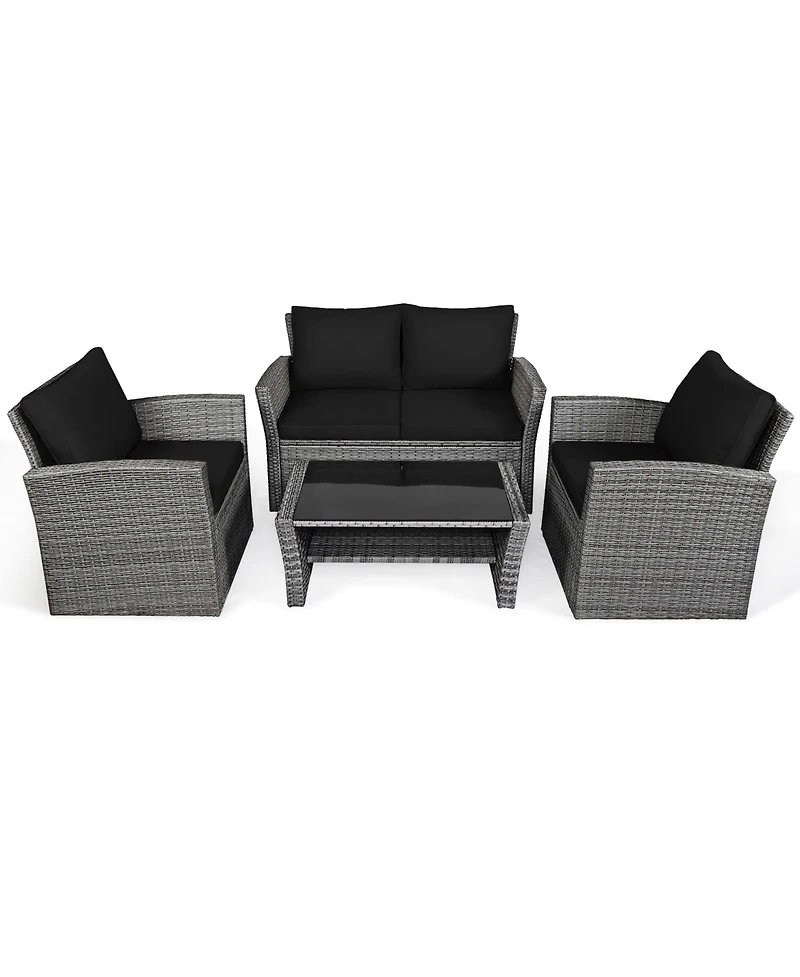 Sugift 4 Pieces Patio Rattan Furniture Set Sofa Table with Storage Shelf Cushion