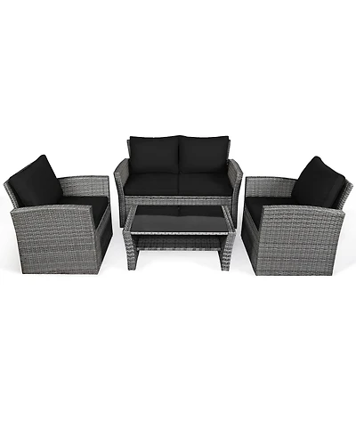Sugift 4 Pieces Patio Rattan Furniture Set Sofa Table with Storage Shelf Cushion