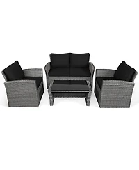 Sugift 4 Pieces Patio Rattan Furniture Set Sofa Table with Storage Shelf Cushion