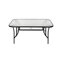 Emma+Oliver Tala Rectangular Tempered Glass Top Patio Table With Umbrella Hole And Black Steel Tube Frame