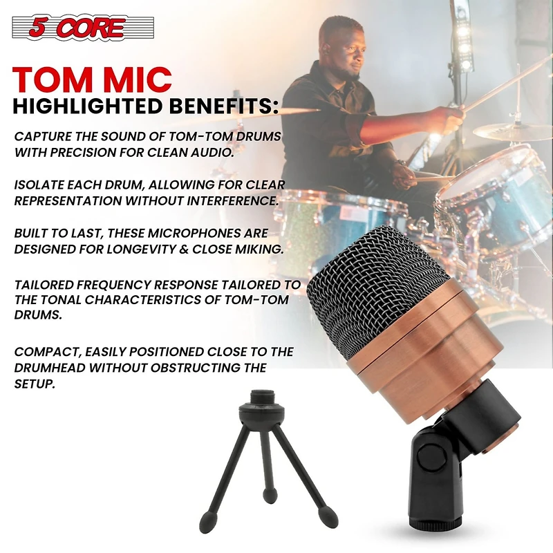 5 Core Tom Snare Mic Cardioid Dynamic Microphone for Drum Kit Precision Instrument - Copper