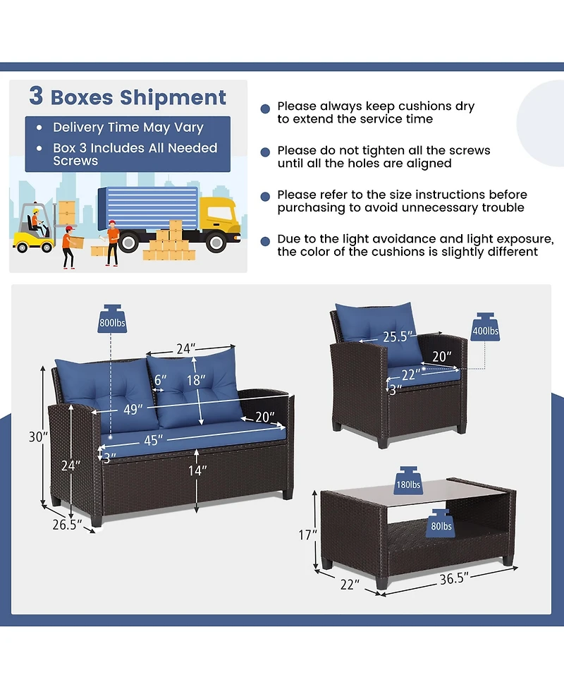 Gymax 4PCS Outdoor Conversation Set Patio Pe Rattan w/ Glass Table & Sofa Cushions