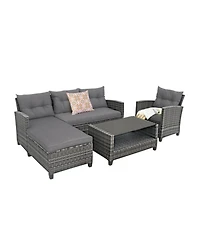 Sugift 4 Pieces Patio Rattan Furniture Set with Cushion and Table Shelf