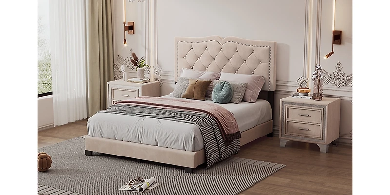 Streamdale Modern Gray Velvet Bed with Rivet Design & Tufted Headboard
