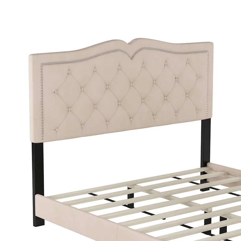 Streamdale Furniture Queen Size Upholstered Bed Frame With Rivet Design, Modern Velvet Platform Bed With Tufted Headboard