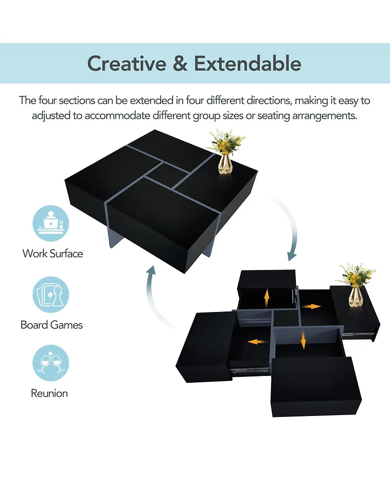 Streamdale Modern Square Coffee Table with Hidden Storage and Extendable Tabletop