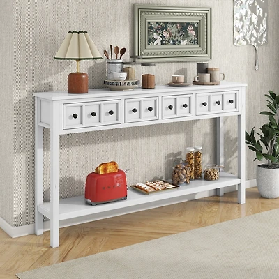 Simplie Fun Antique White Console Table with Drawers and Shelf, 60" Long