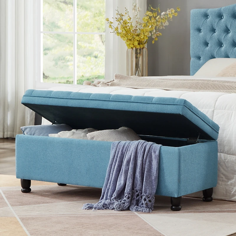 Streamdale Button Tufted Storage Bench - Light Blue Linen