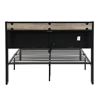 Simplie Fun Queen Metal Platform Bed w/ Upholstered Headboard & Storage