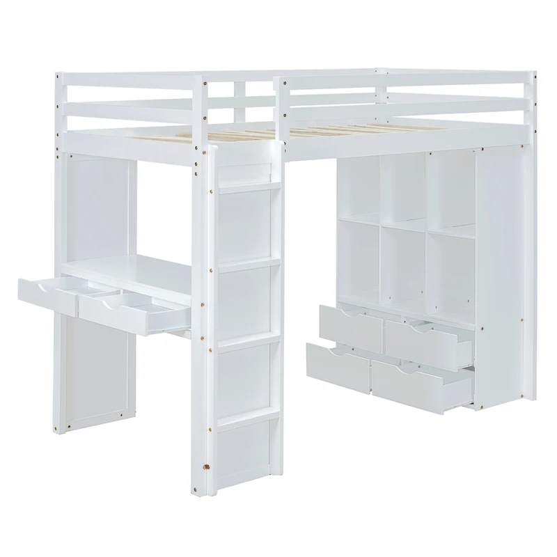 Simplie Fun Full Size Loft Bed With Large Shelves, Writing Desk And Led Light, White