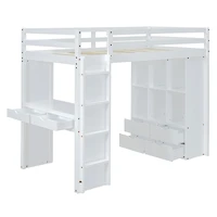 Simplie Fun Full Size Loft Bed With Large Shelves, Writing Desk And Led Light, White