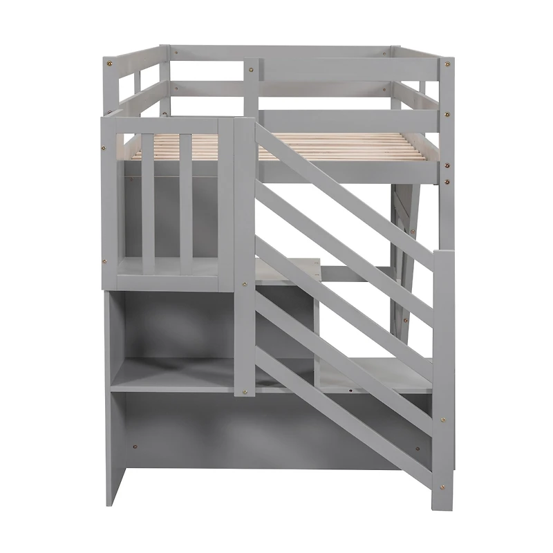 Simplie Fun Twin Loft Bed With Storage Staircase And Window, Gray