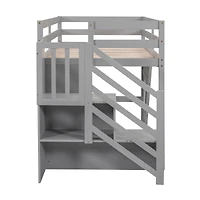 Simplie Fun Twin Loft Bed With Storage Staircase And Window, Gray