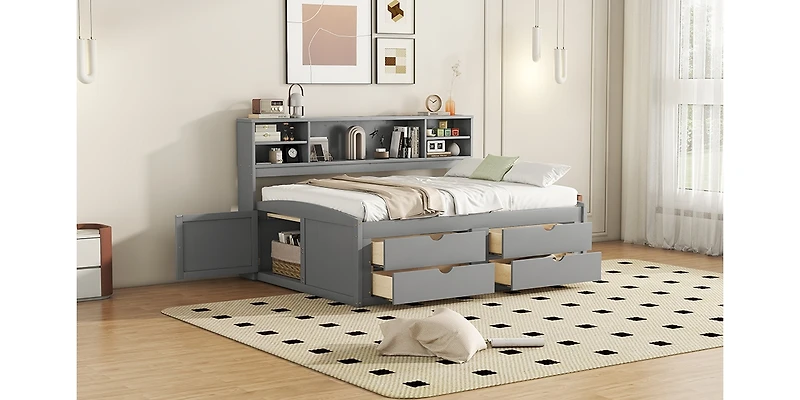 Simplie Fun Full Size Wood Daybed With 2 Bedside Cabinets, Upper Shelves And 4 Drawers, Gray