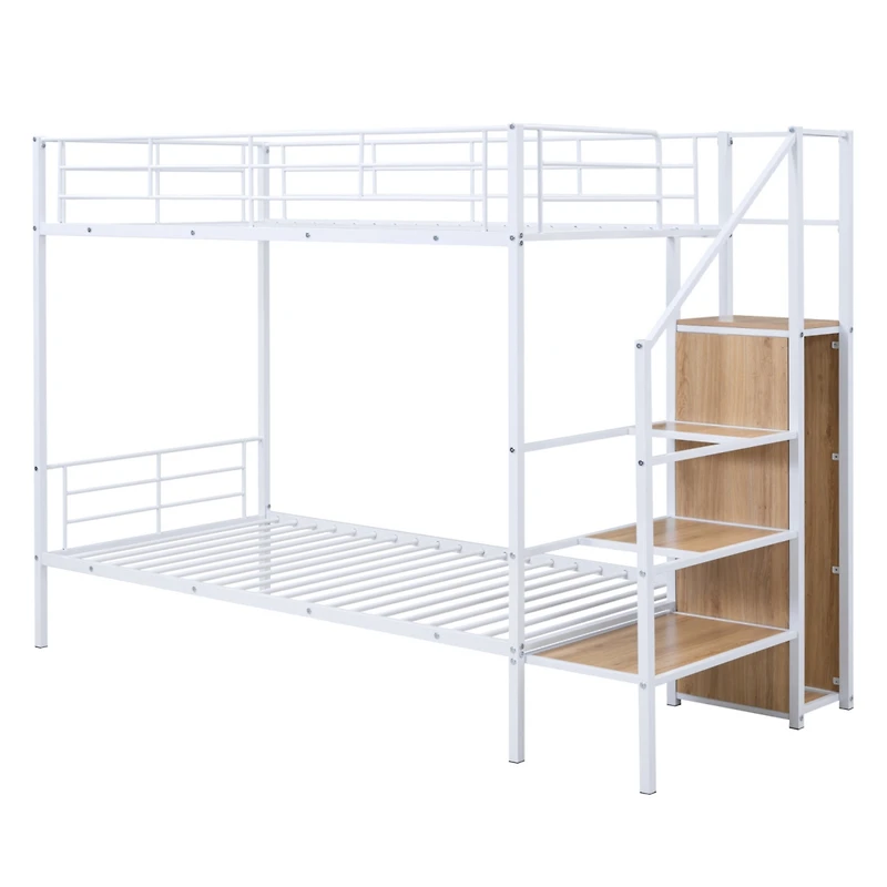 Simplie Fun Twin Over Twin Metal Bunk Bed With Lateral Storage Ladder And Wardrobe, White