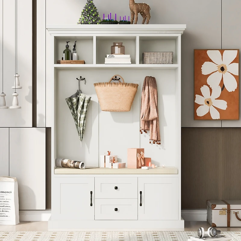Streamdale 3-in-1 Hall Tree with Bench & Hooks (White)
