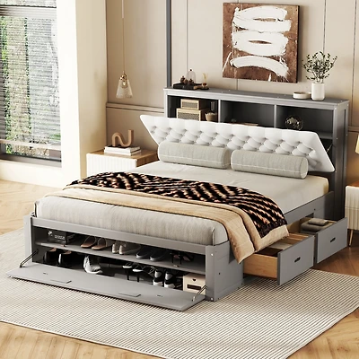 Streamdale Queen Platform Bed with Storage Headboard and Drawers