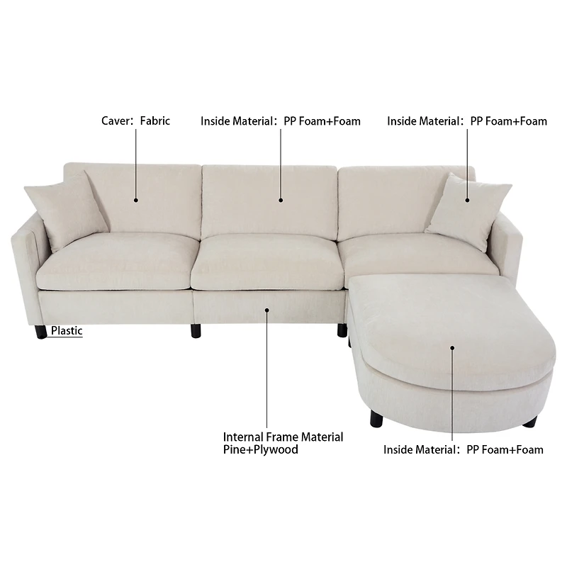 Streamdale Furniture 107.87'Sectional Sofa Couch With 1 Ottoman, Seat Cushion And Back Cushion Removable