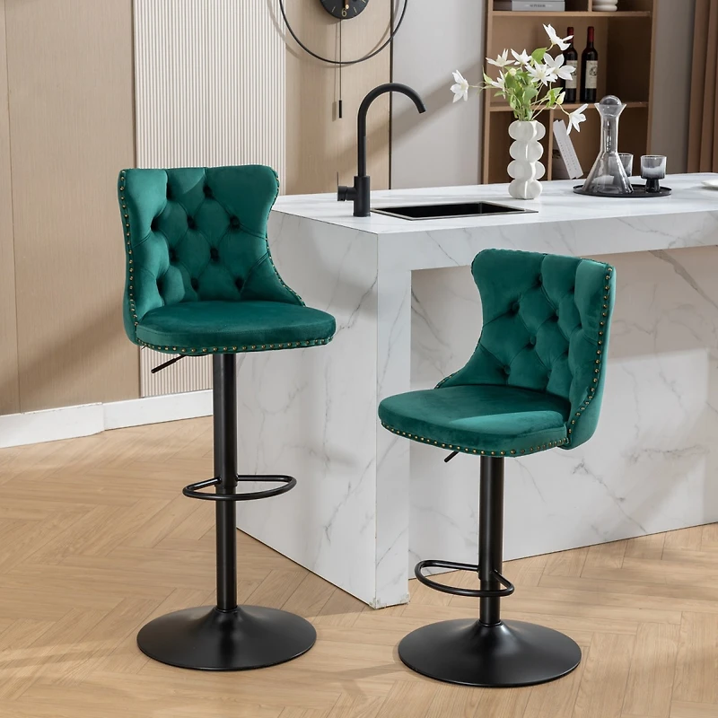Simplie Fun Adjustable Velvet Barstools, Set of 2, Green